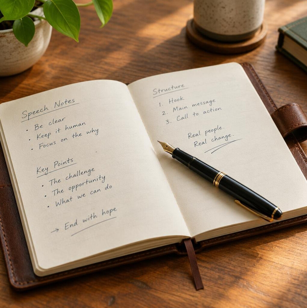 Open notebook with handwritten speech notes and a fountain pen