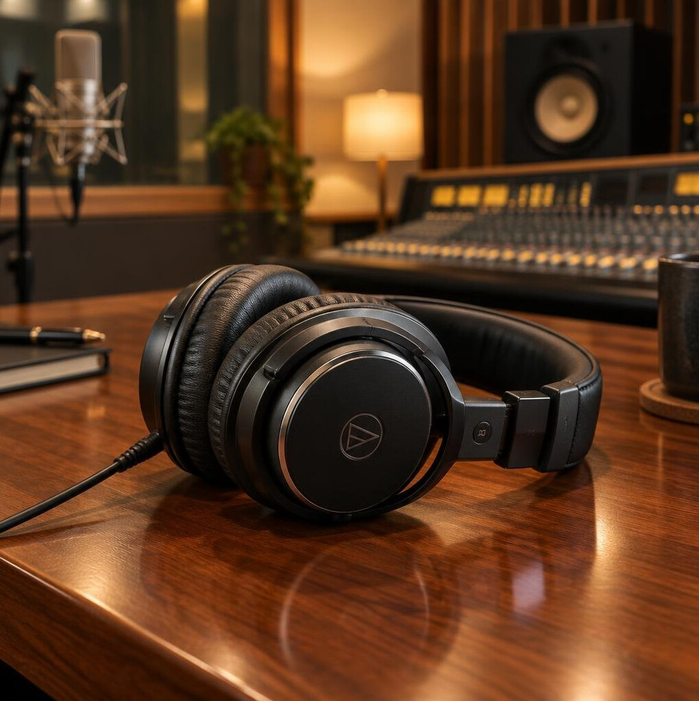 Professional headphones on a wooden studio table