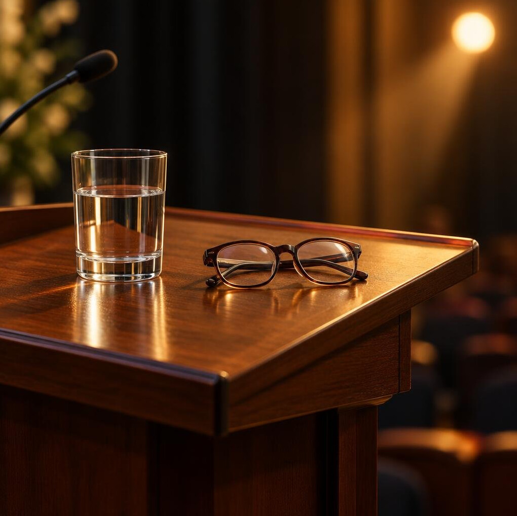 Glass of water and reading glasses on a lectern