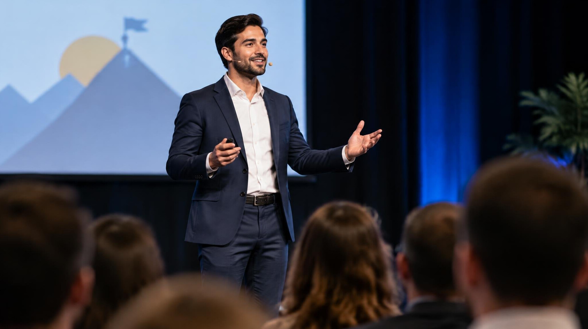 confident speaker on stage