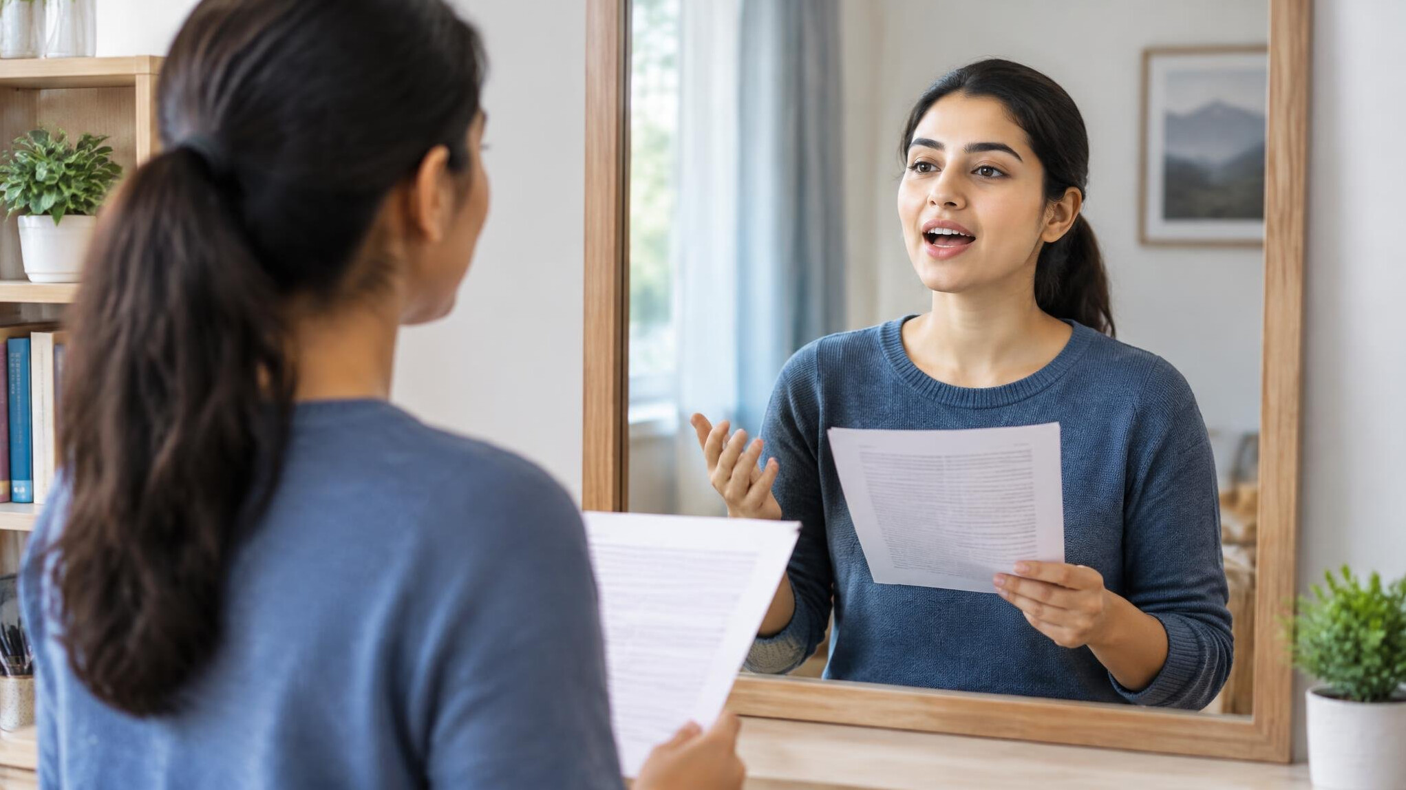 woman practicing speech in mirror