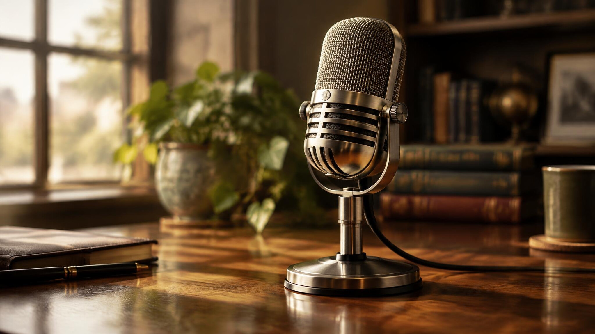 Vintage studio microphone on a wooden desk