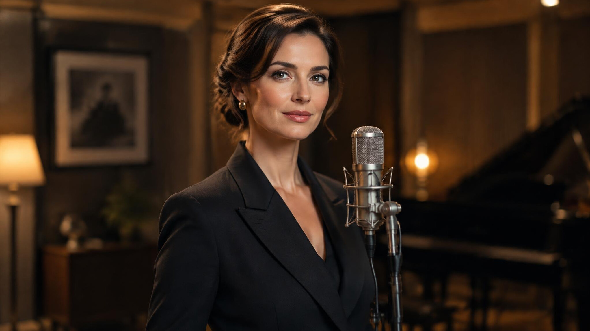 Woman speaking confidently into a studio microphone
